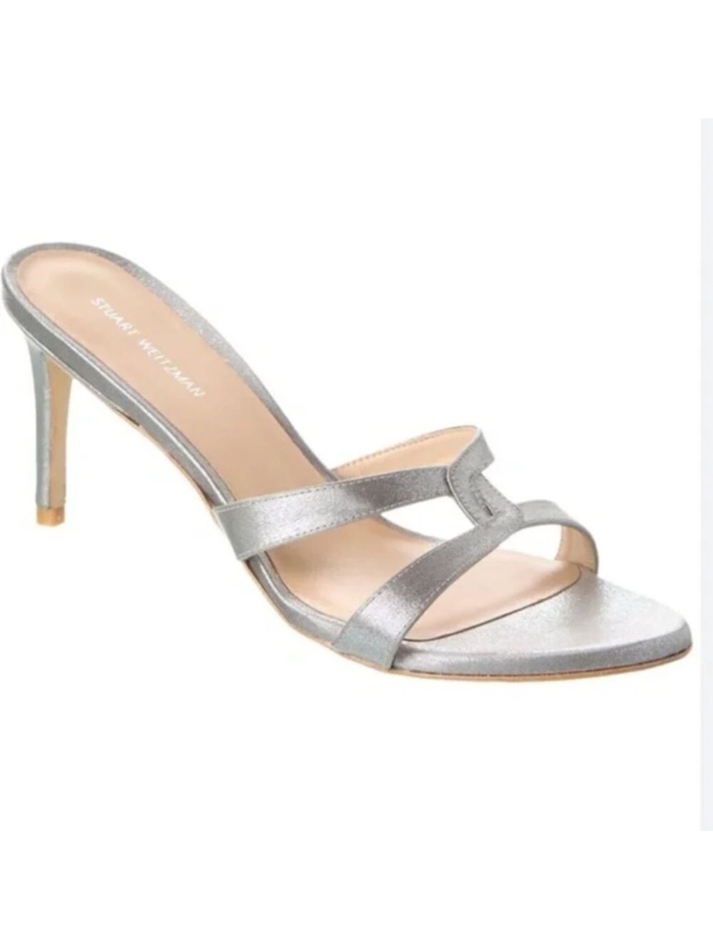 Stuart Weitzman Soiree High Heels Satin Sandals Sz 8.5 B Silver Prom Hoco Dressy